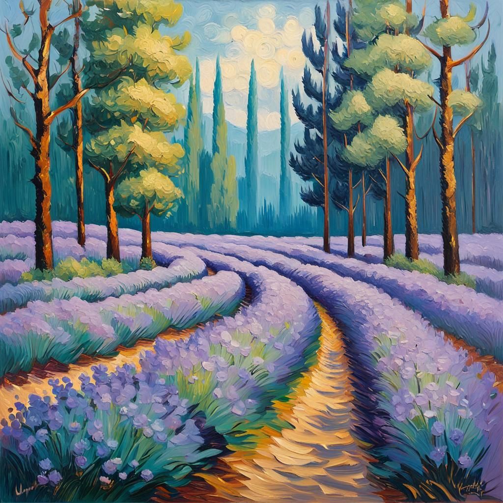Lavender Fields into Forest as Impasto Painting