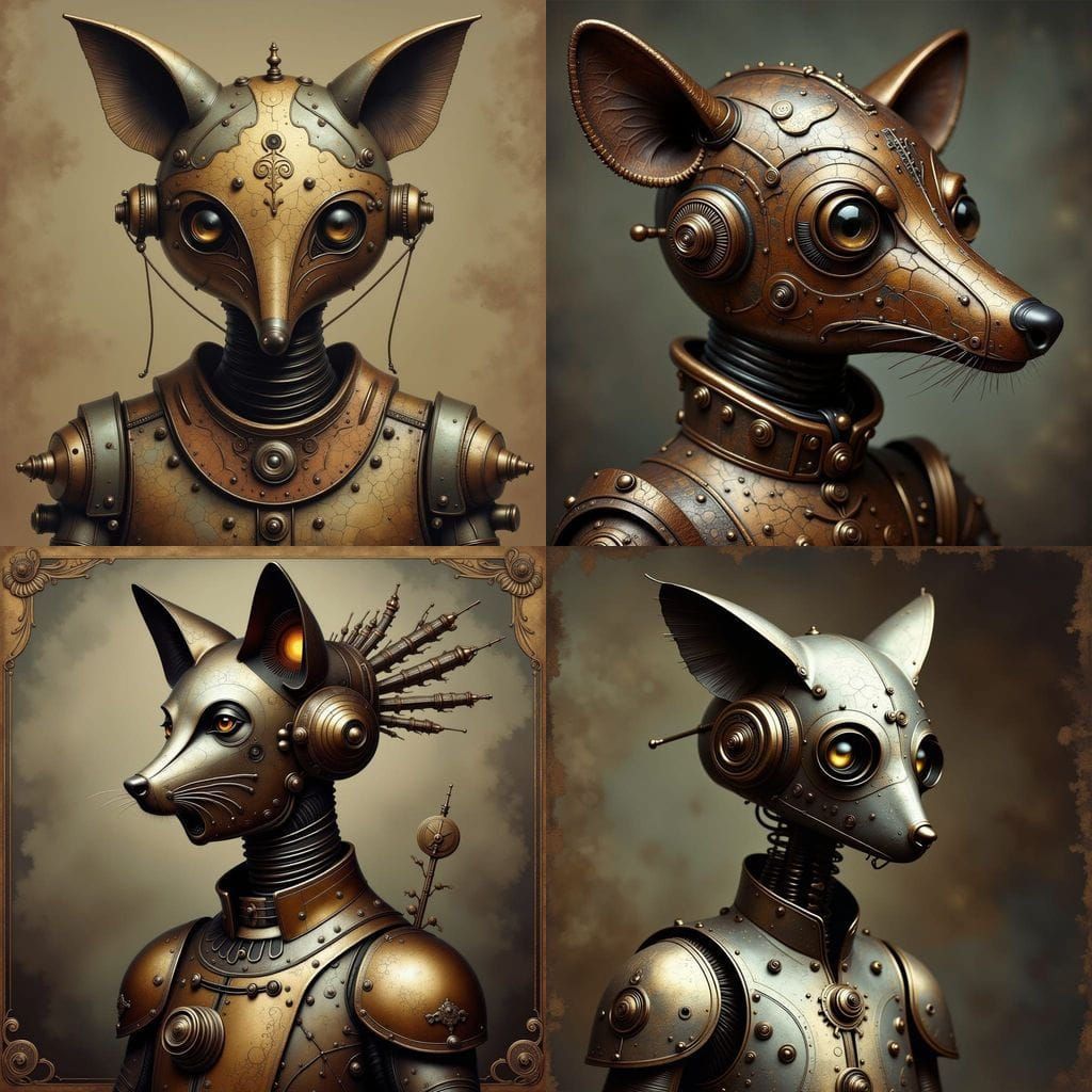 Dieselpunk Robot Fox Portrait in Crinkled Metallics