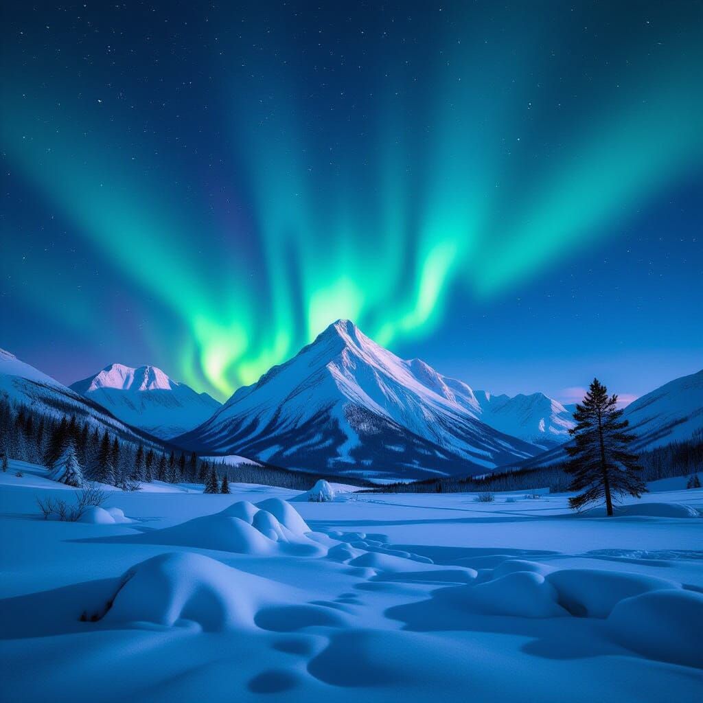 Majestic Mountains Under Emerald and Ruby Aurora