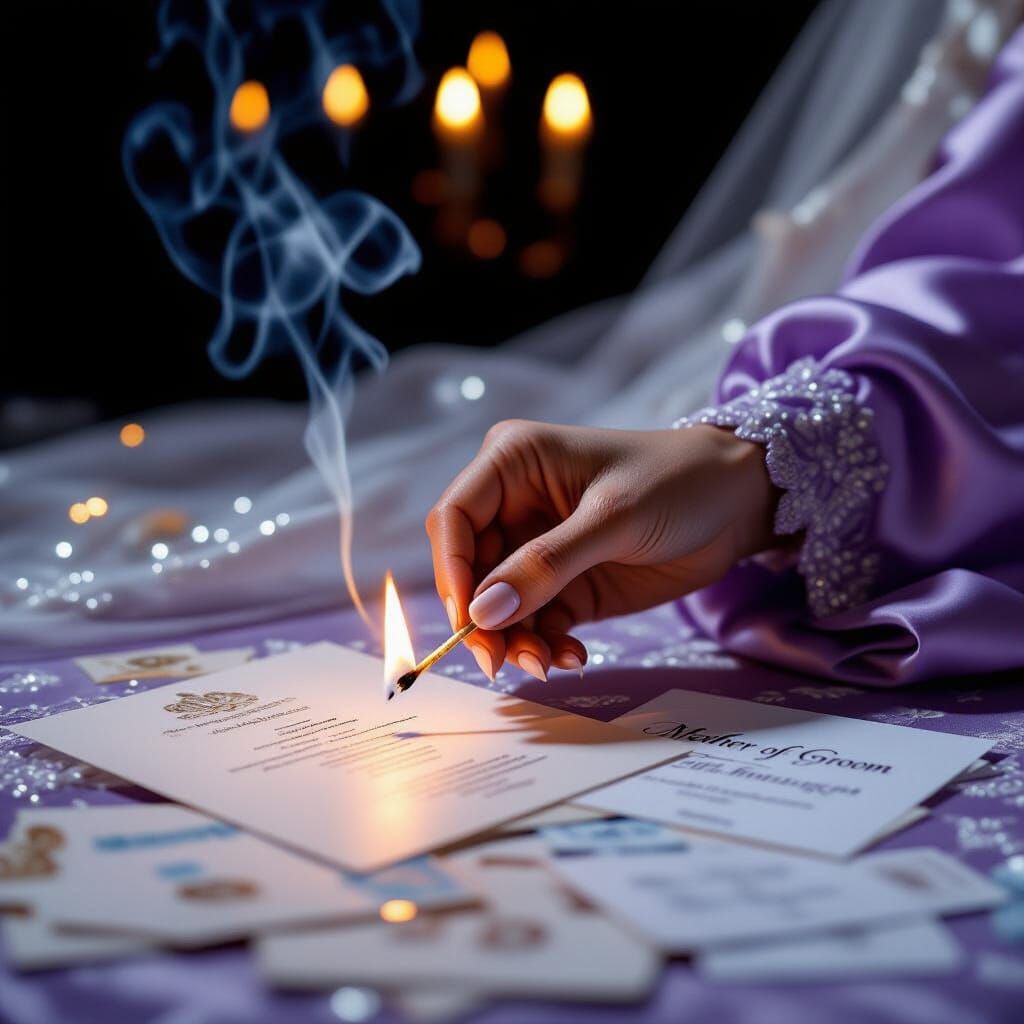 Woman's Hand Ignites Wedding Items in Dramatic Scene