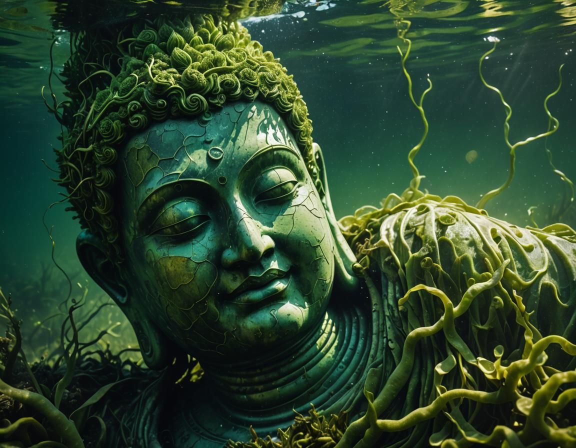 Underwater Buddha Statue with Algae in Surreal Style