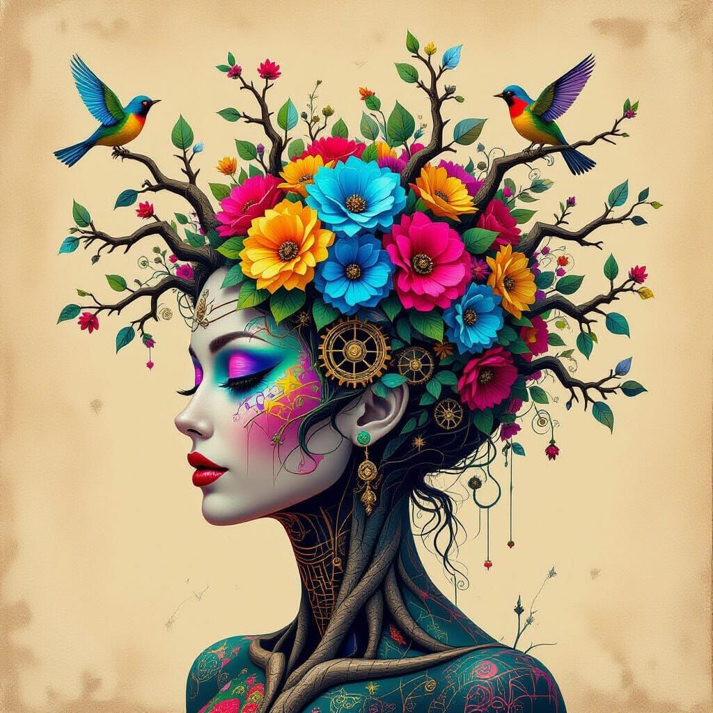 Tree-Human Hybrid with Steampunk and Neon Elements