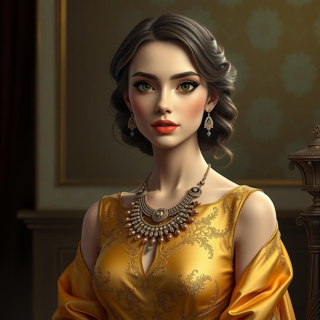 Woman in Gold Dress: Photorealistic Painting