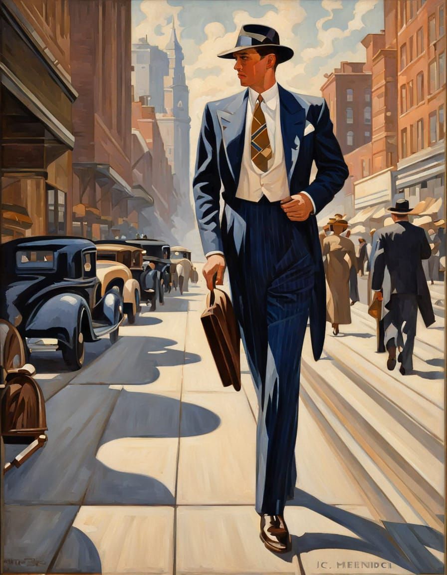 Confident Gentleman Strides Through Art Deco City