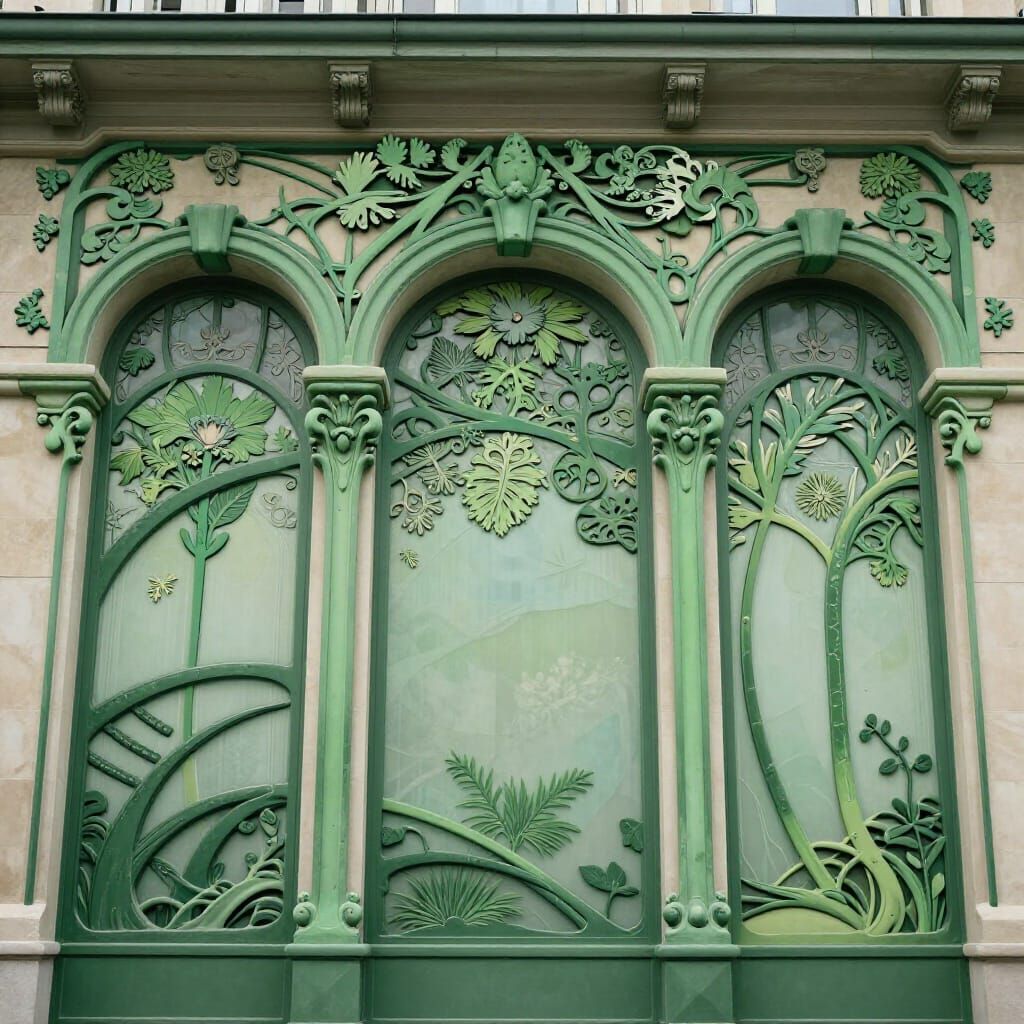 Art Nouveau Facade with Flowing Green Plant Motifs