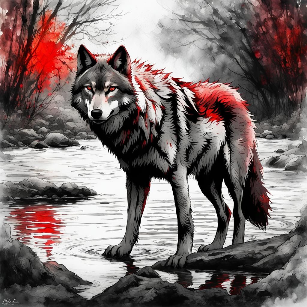 Fantasy Wolf with Red Eyes, Watercolor Art
