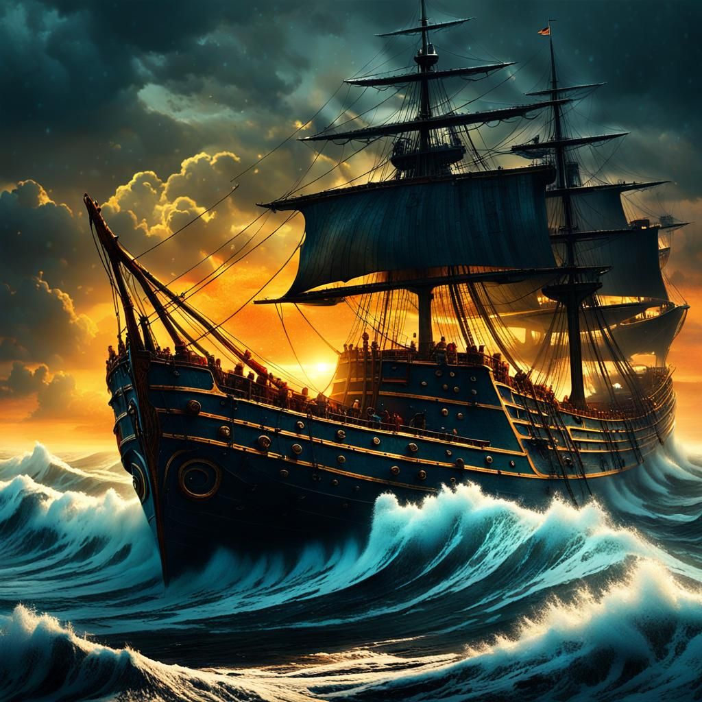 Colossal Ship Versus Towering Waves in Epic Fantasy Art