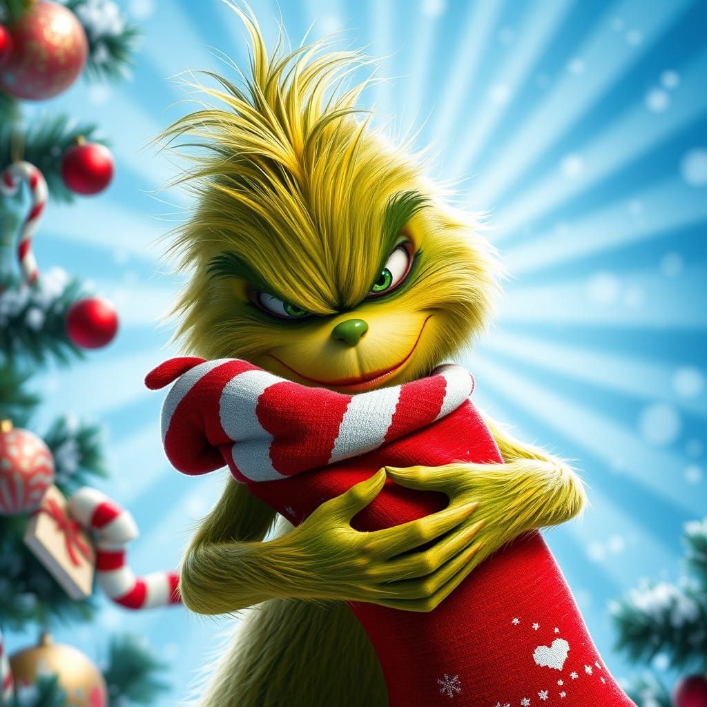 Mischievous Baby Grinch Rips Christmas Stocking in Whimsical...