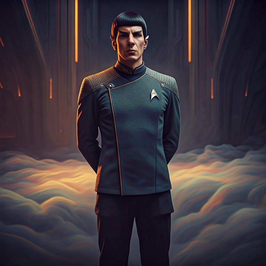 Vulcan Starfleet Officer in a Futuristic, Misty Landscape