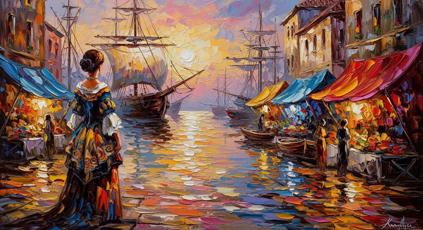 Ancient Harbor Scene as Impasto Painting
