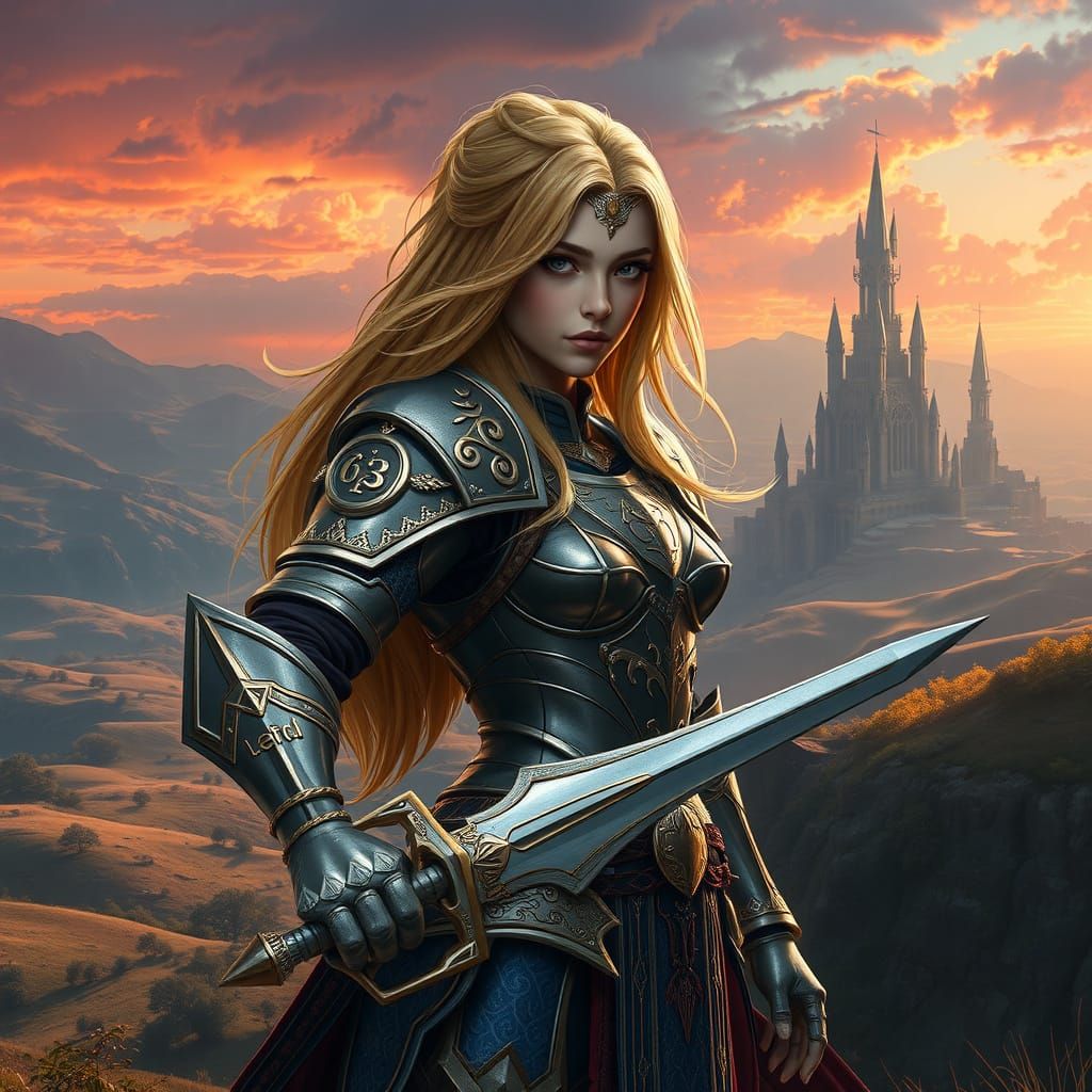 Golden Warrior Princess in Majestic Fantasy Landscape