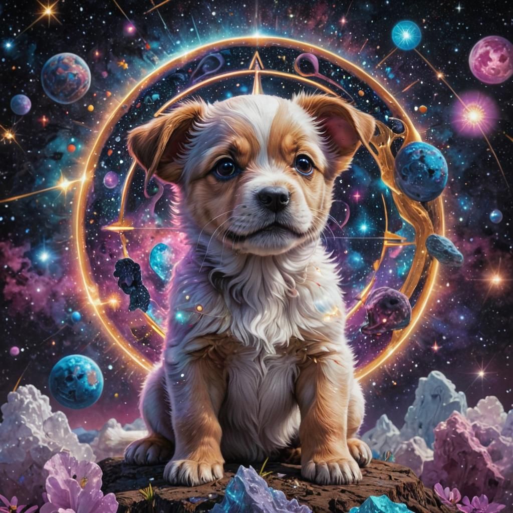 Holographic Astral Puppy Cosmic Illustration