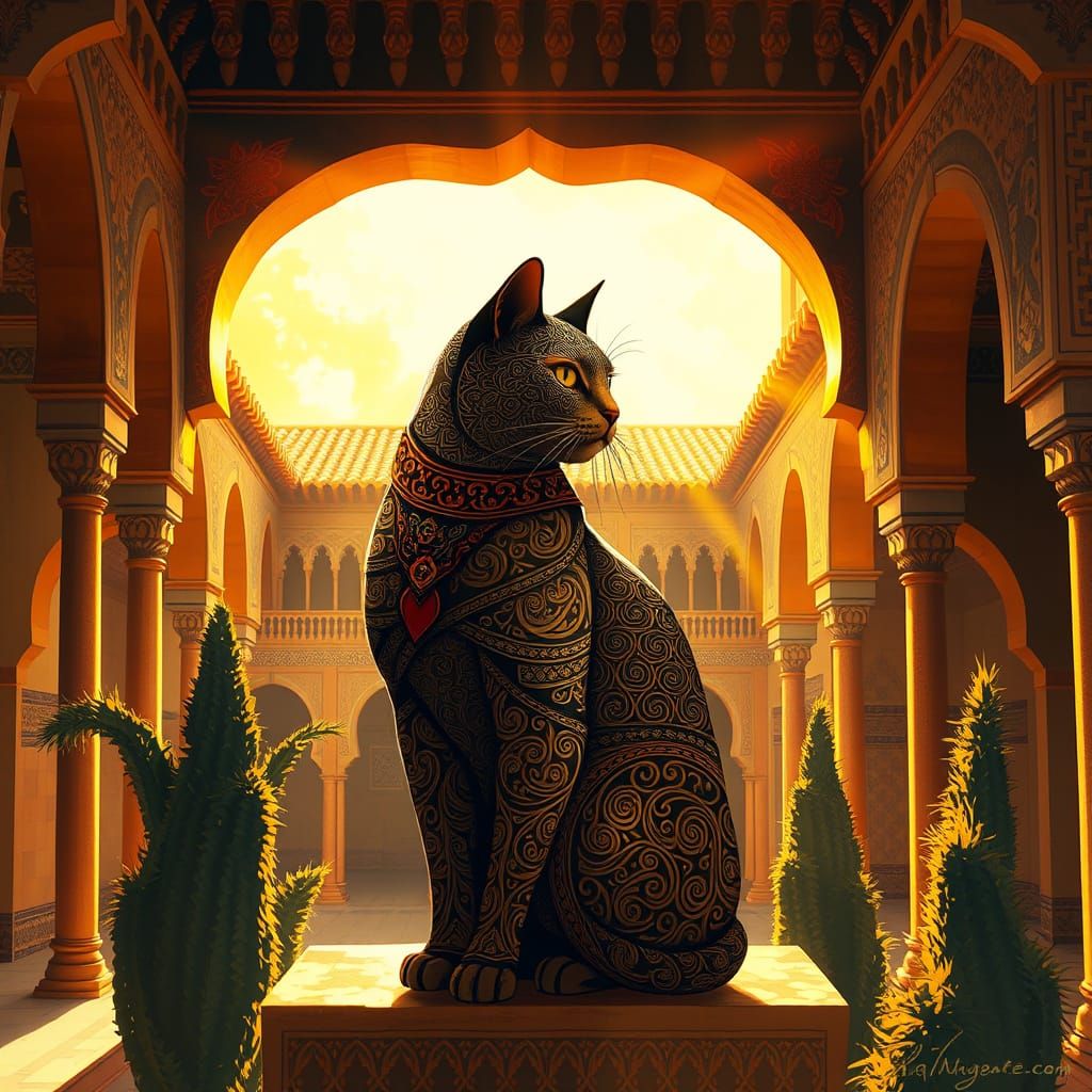 Regal Arabesque Cat in Alhambra Courtyard Digital Painting
