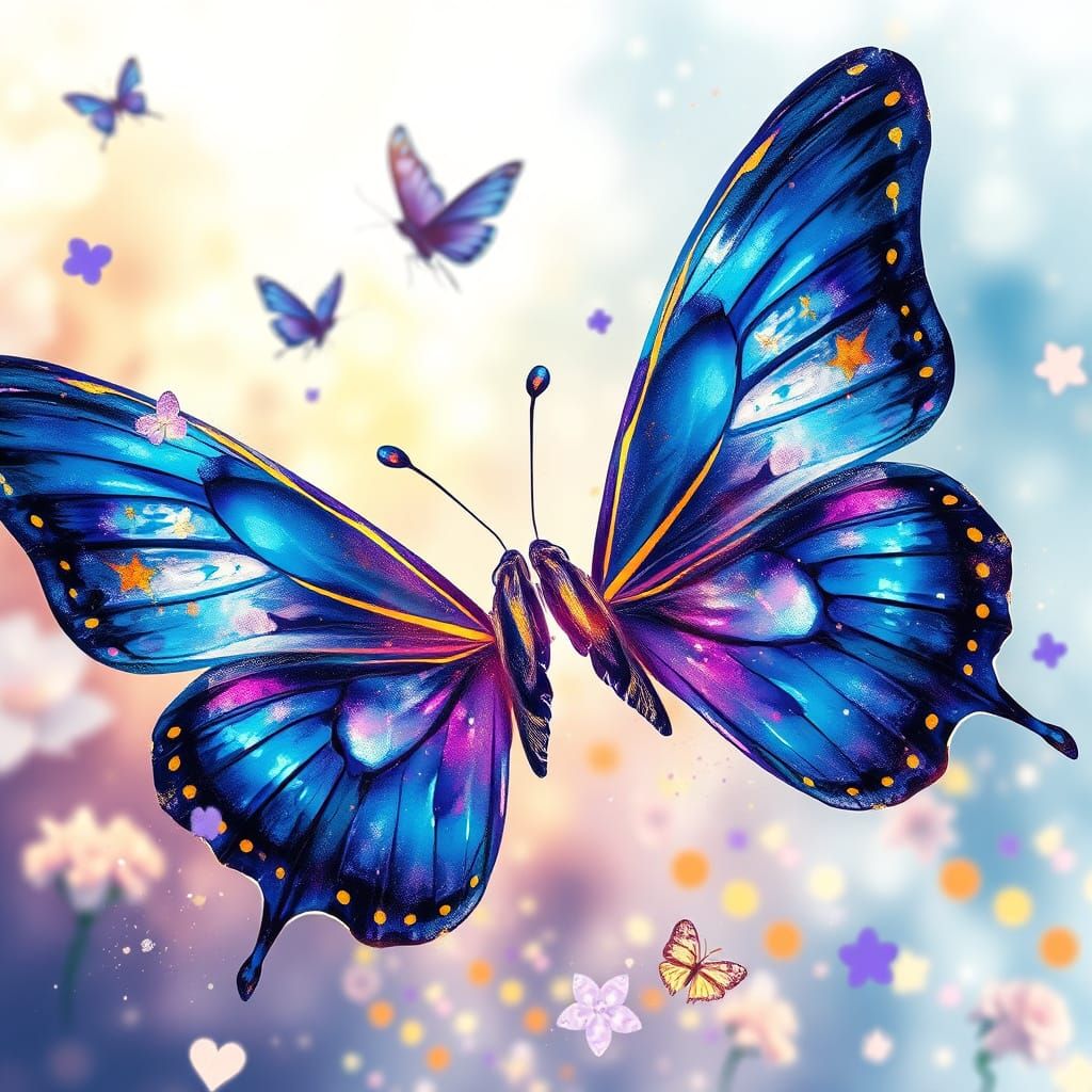 Blue and Violet Butterflies in Abstract Watercolor Style