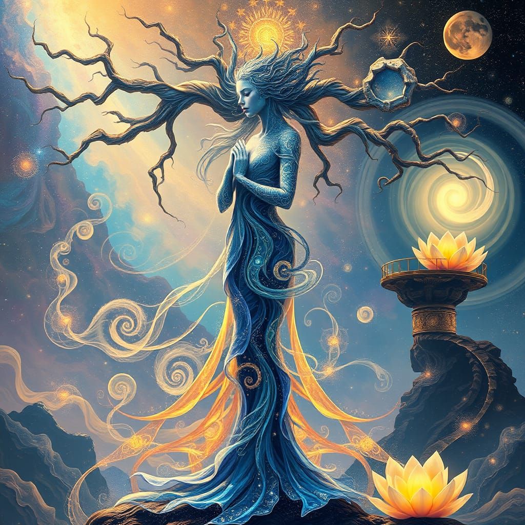 Surreal Female Figure in Dreamlike Landscape