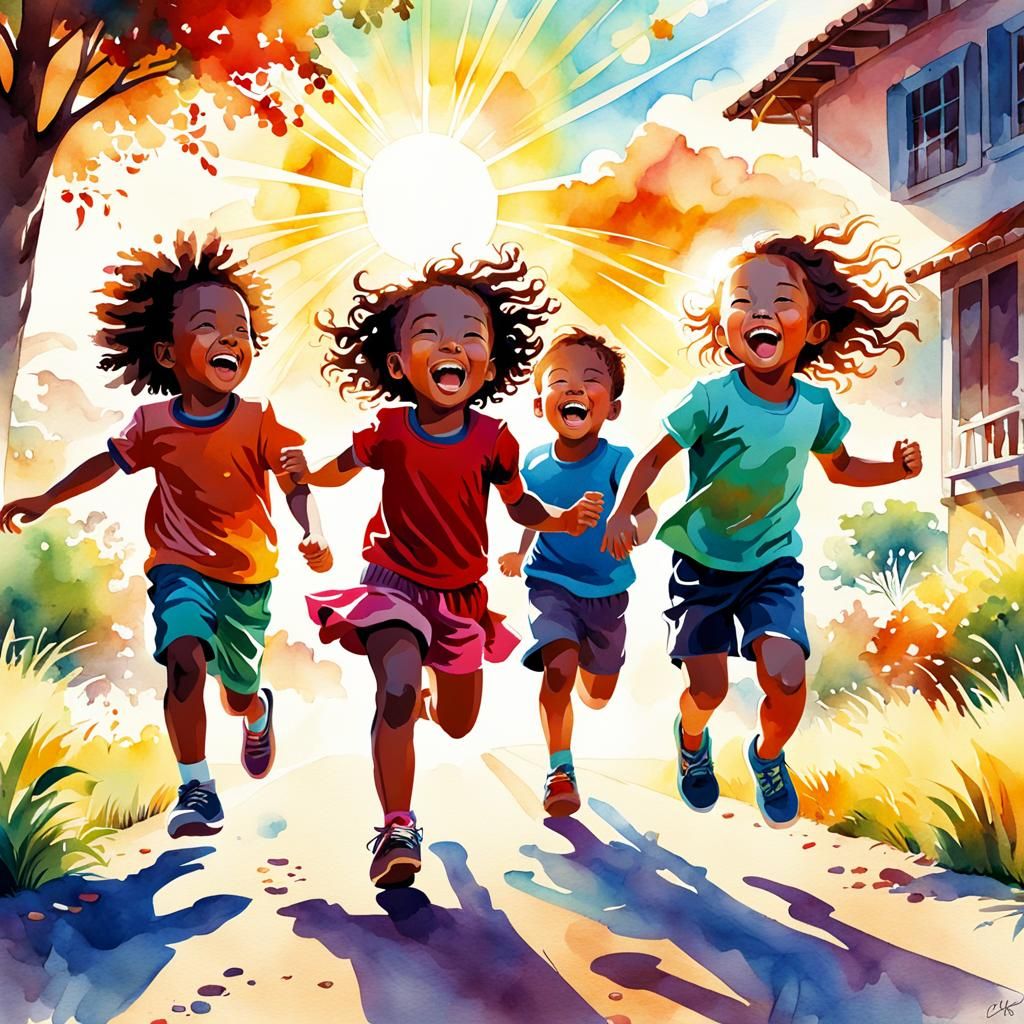 Children Playing in Sunlight: Digital Watercolor Illustratio...