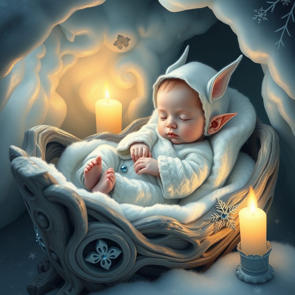 Delicate Snow Elf Baby in Whimsical Arctic Setting