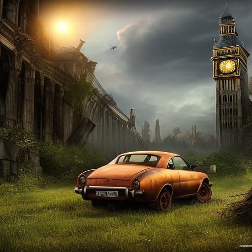 Apocalyptic London: Big Ben Ruins in Mad Max Style