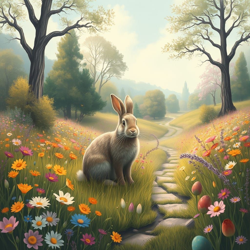 Whimsical Easter Landscape with Lapin Rabbit