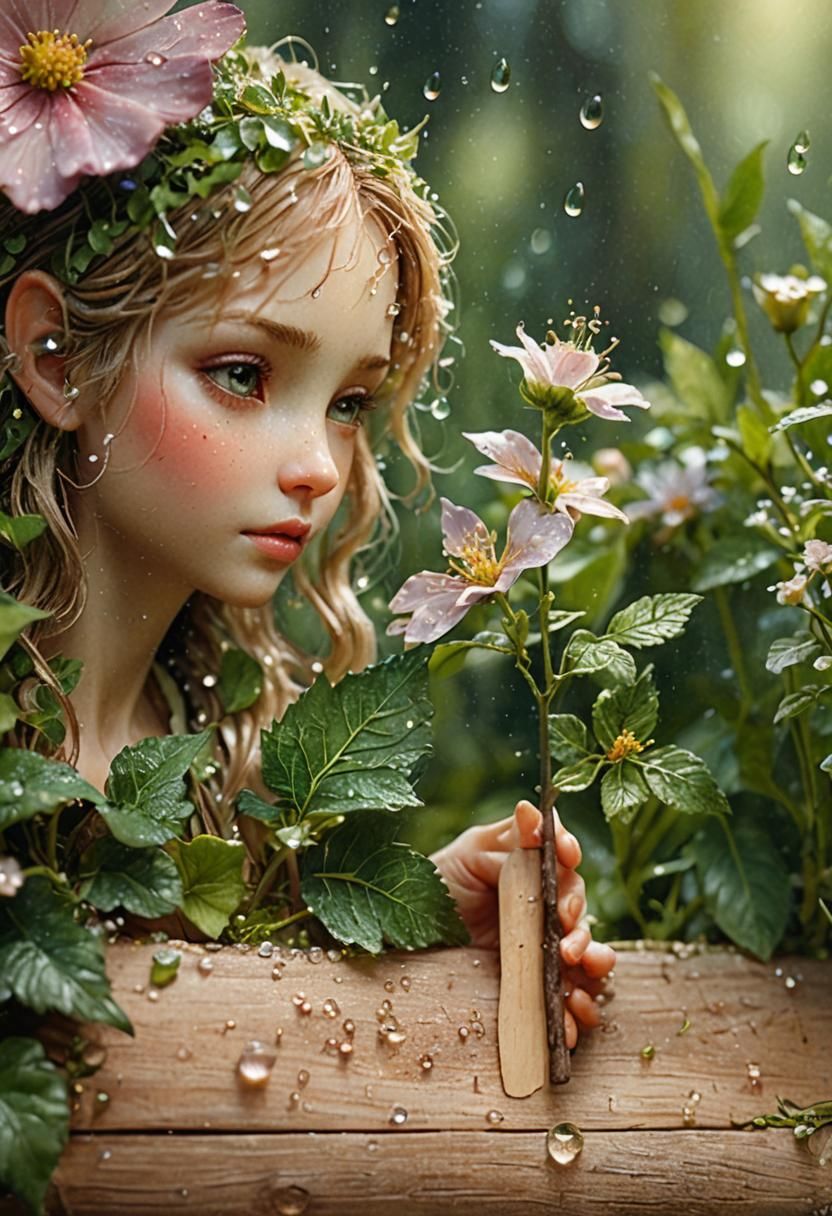 Hyperrealistic Fairy Holding Flower Stick Close-Up