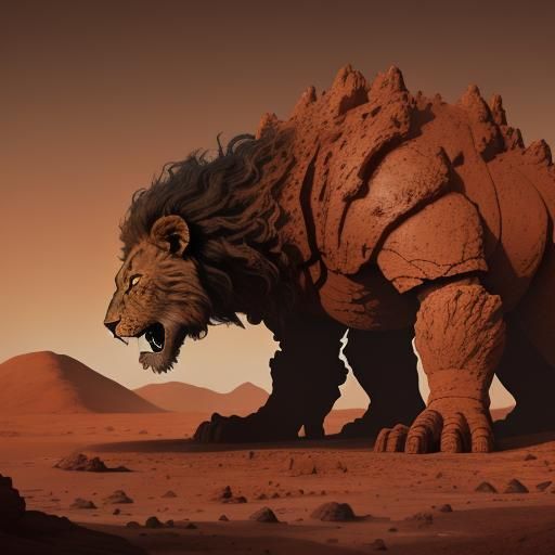 Lion-like Sand Golem on Mars in Digital Painting