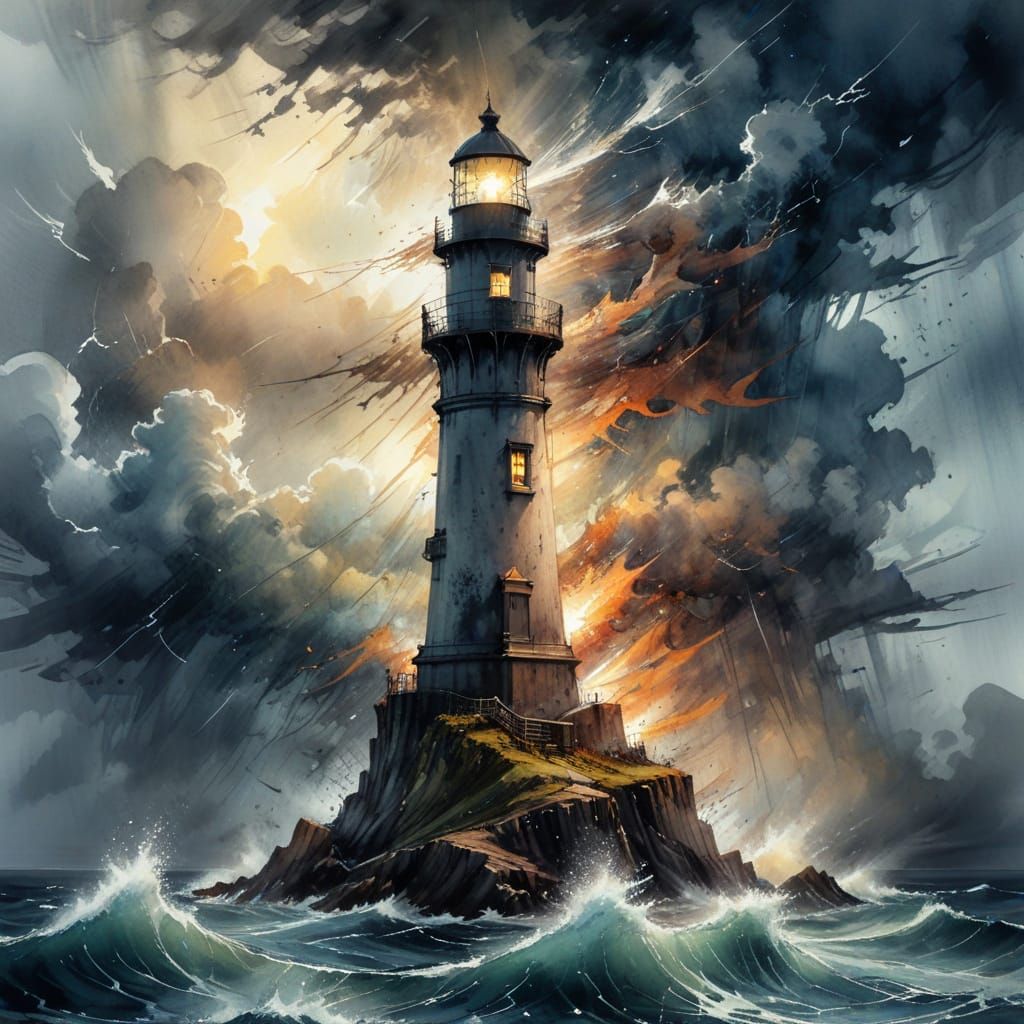 Lighthouse Defies Turbulent Stormy Skies in Watercolour Styl...