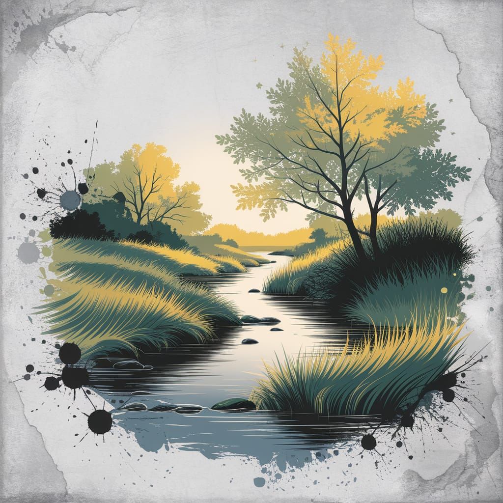 Serene Stream Landscape with Yellow-Green Leaves in a Waterc...