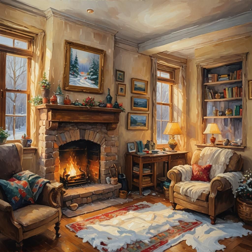 Cozy Winter Interior as Impressionist Oil Painting