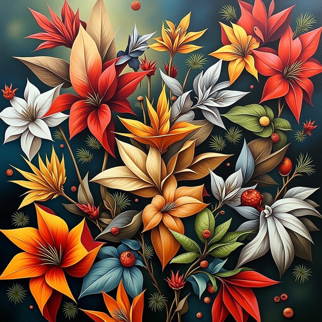 Botanical Tapestry with Fractured Flora in Hyperrealistic St...