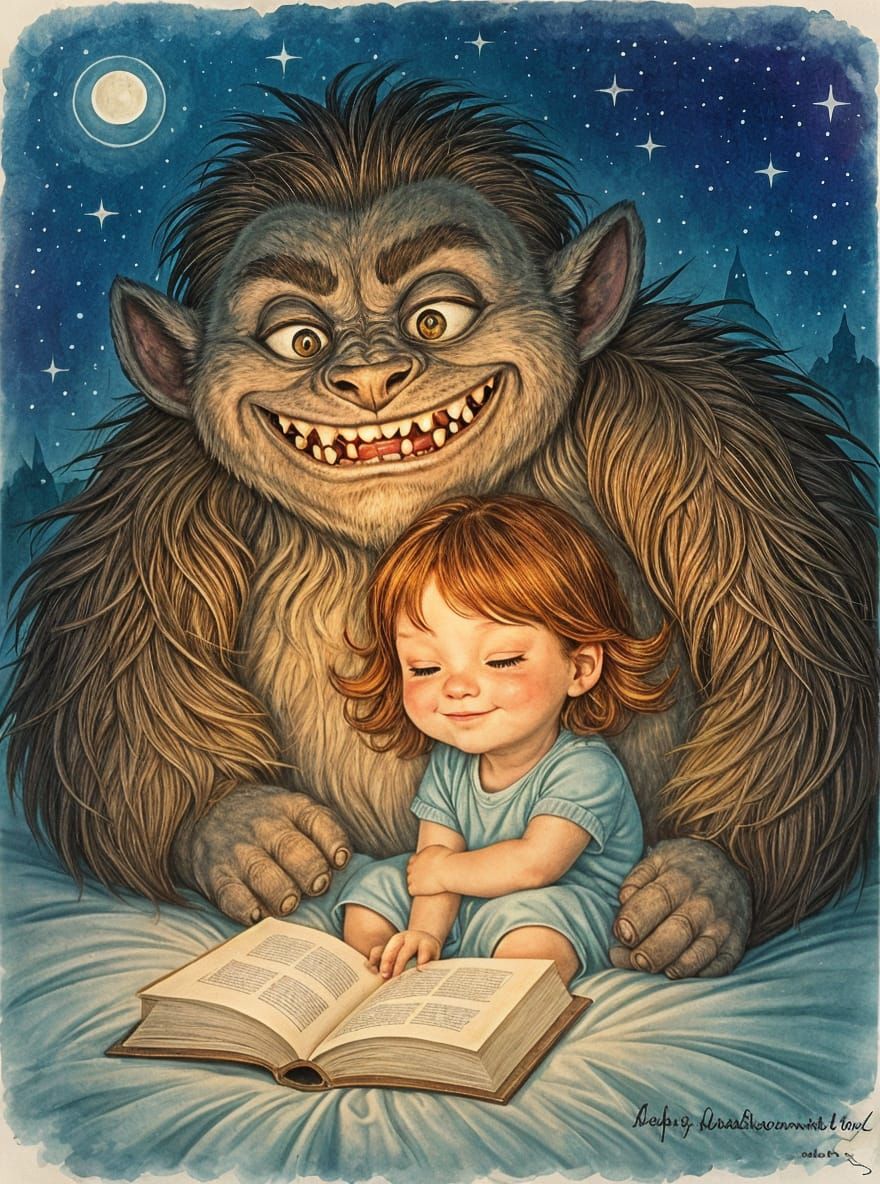 Comforting Monster Under Bed Storybook Illustration