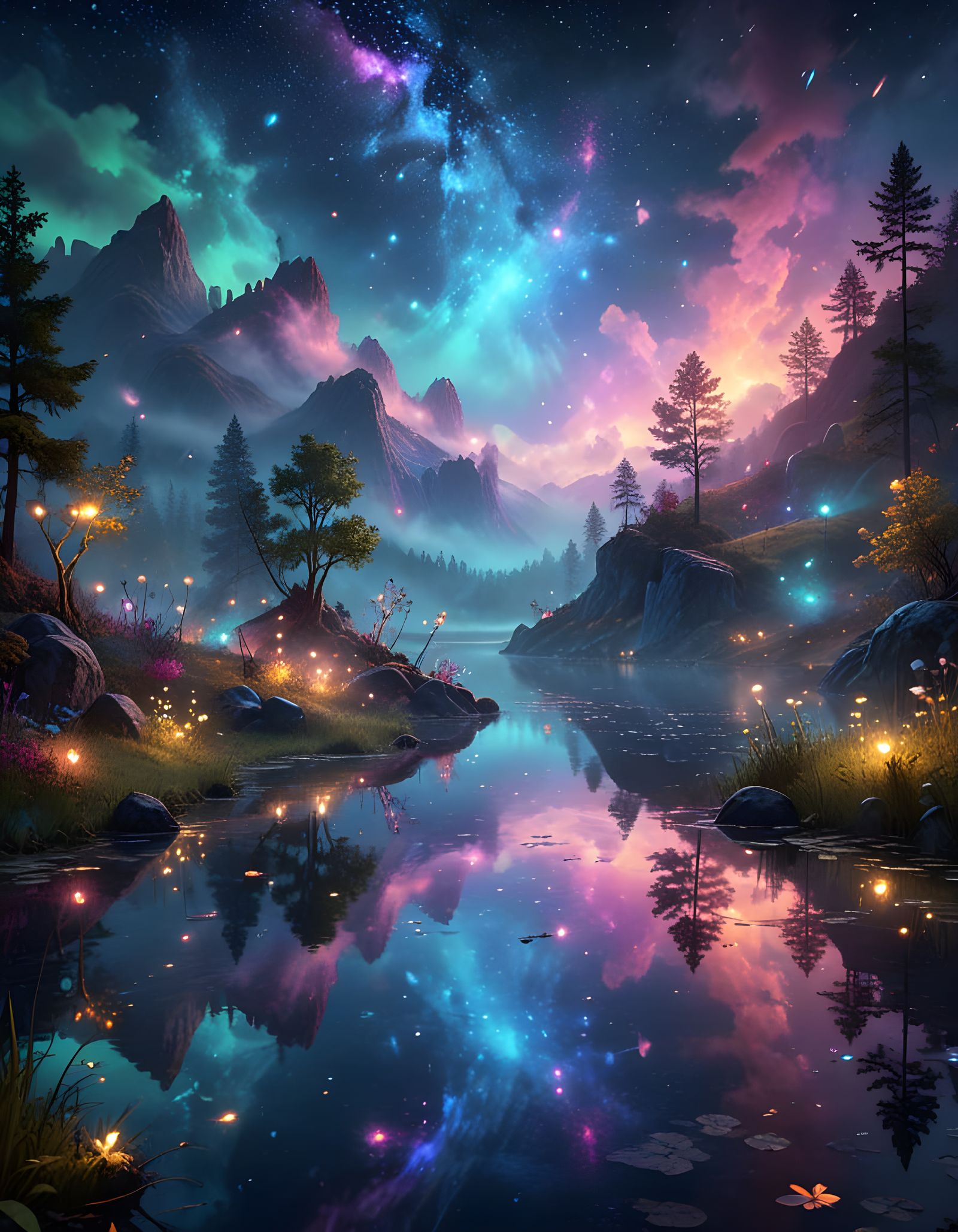 Whimsical Cosmic Landscape at Night