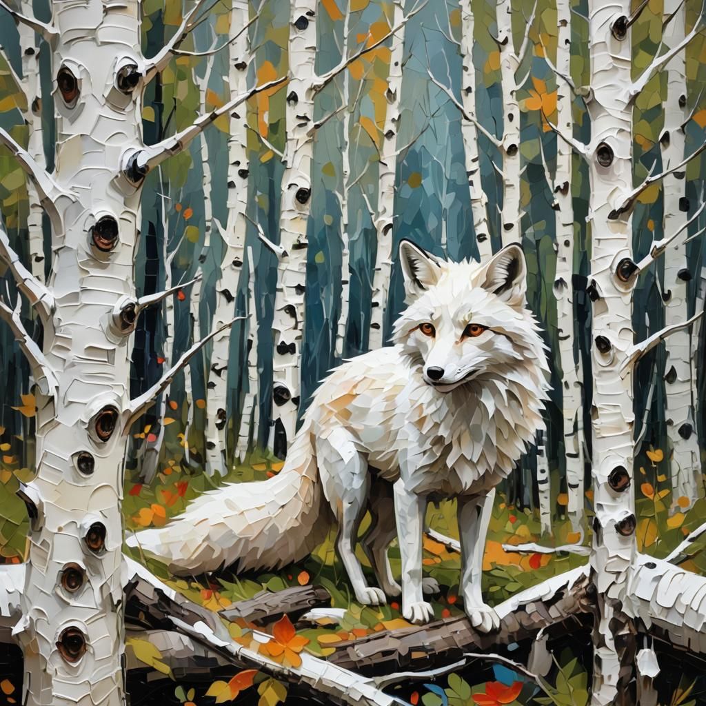 White Fox in Birch Forest as Impasto Painting