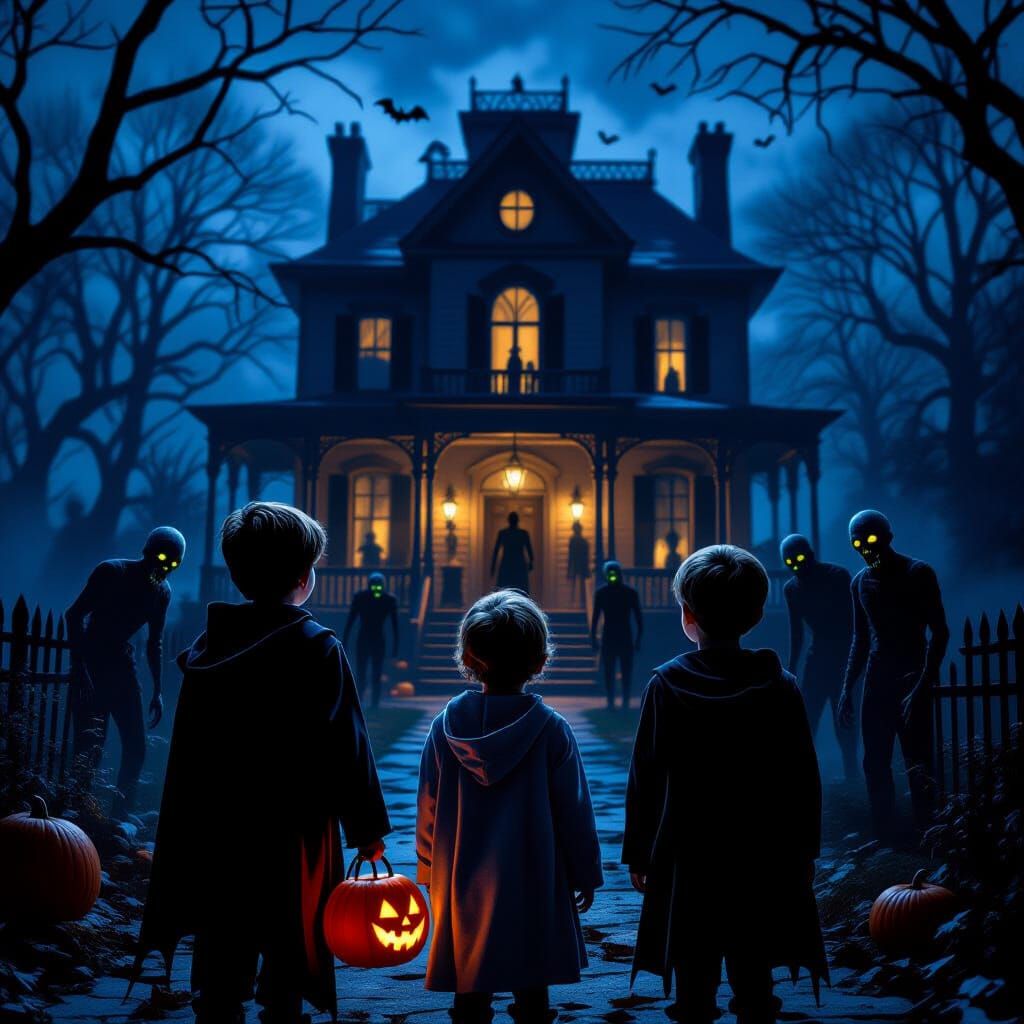 Boys Trick-or-Treating at Haunted Mansion with Zombies