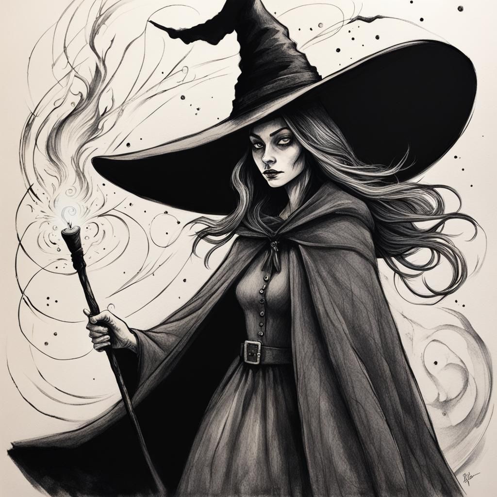 Whimsical Witch Casting Spells in Charcoal Art