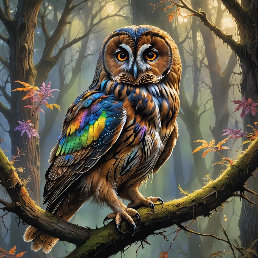 Rainbow Owl Feeds Baby in Enchanted Forest