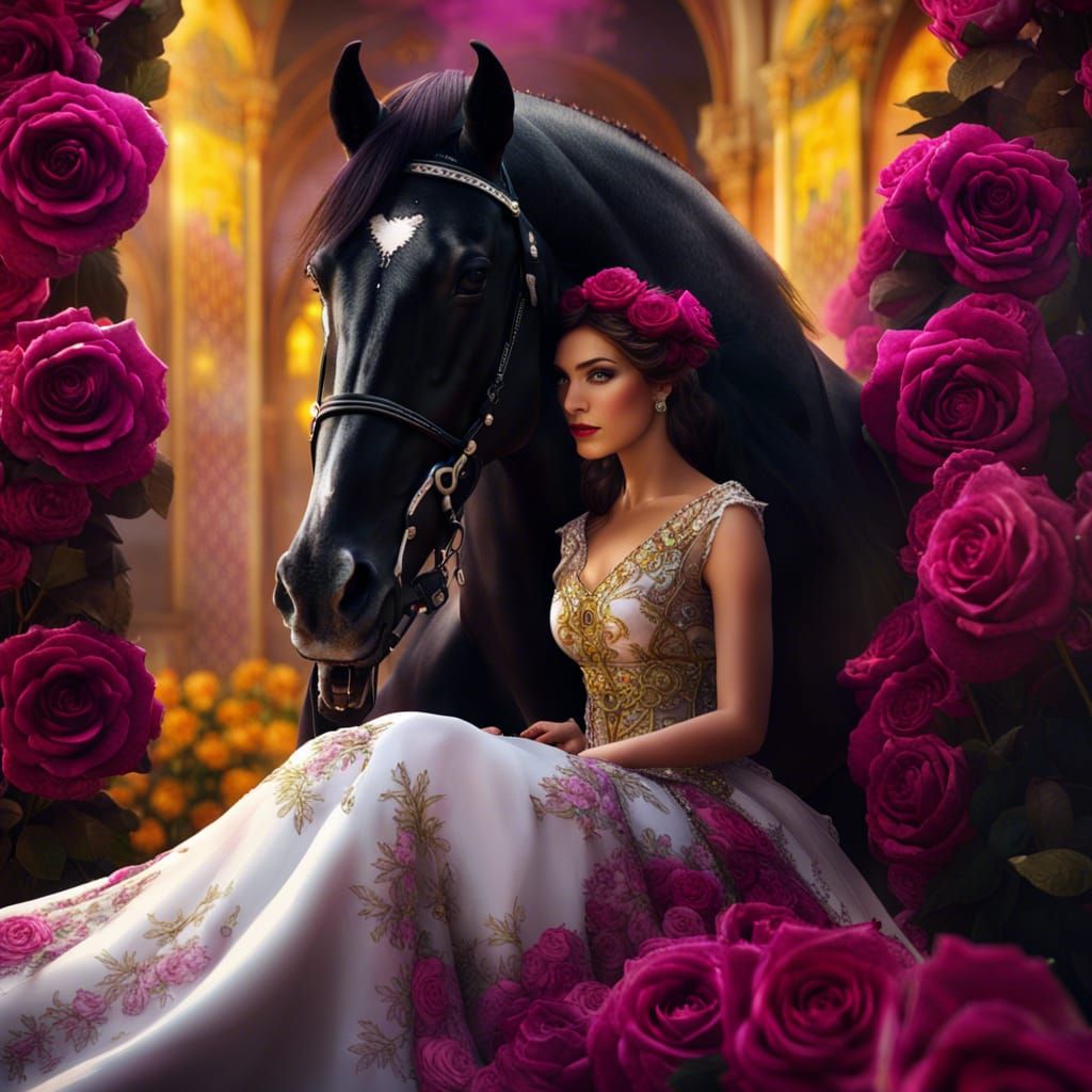 Bride with Arabian Horse in Rose Garden: 8K