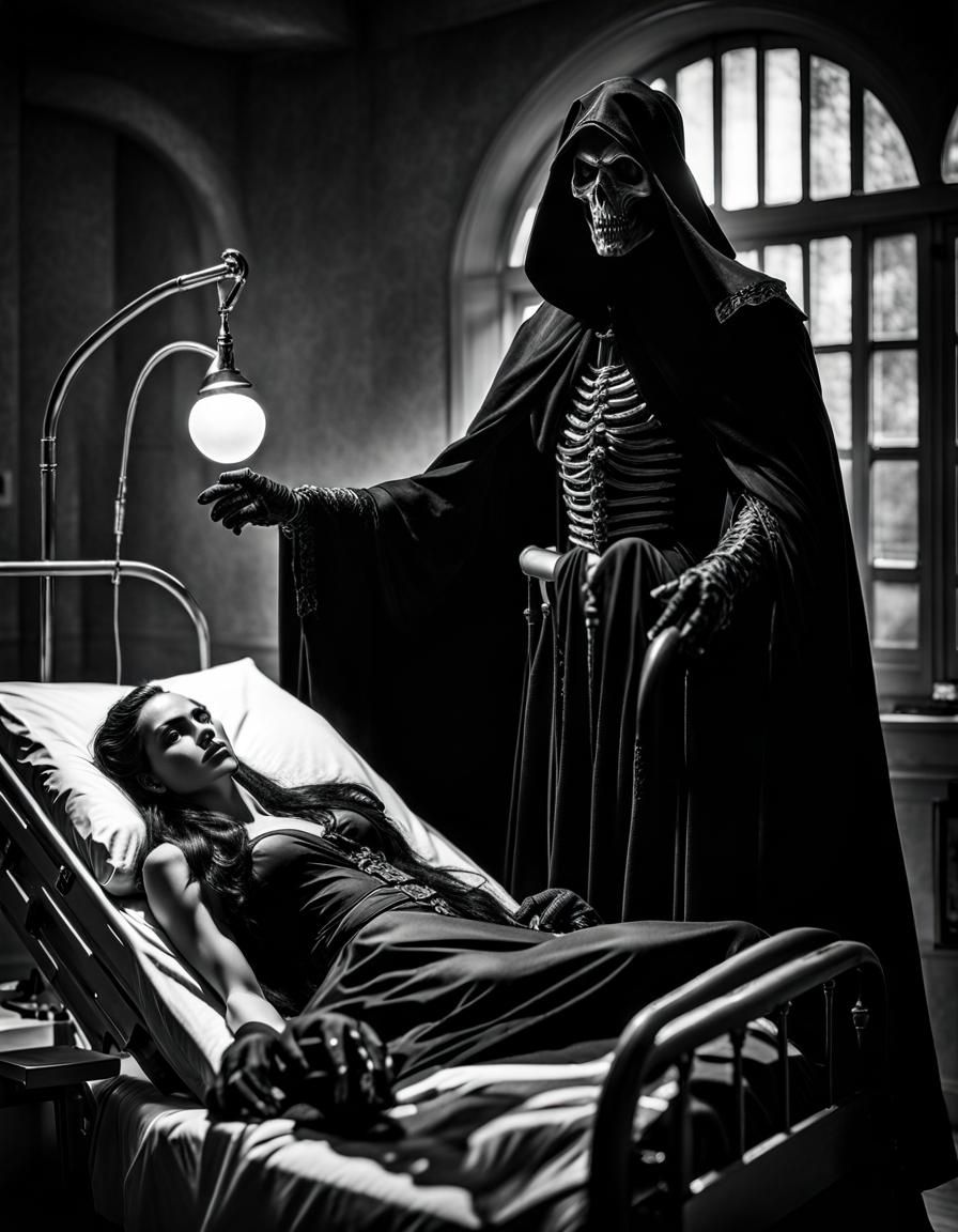 Grim Reaper in Hospital: Vintage Black and White Portrait