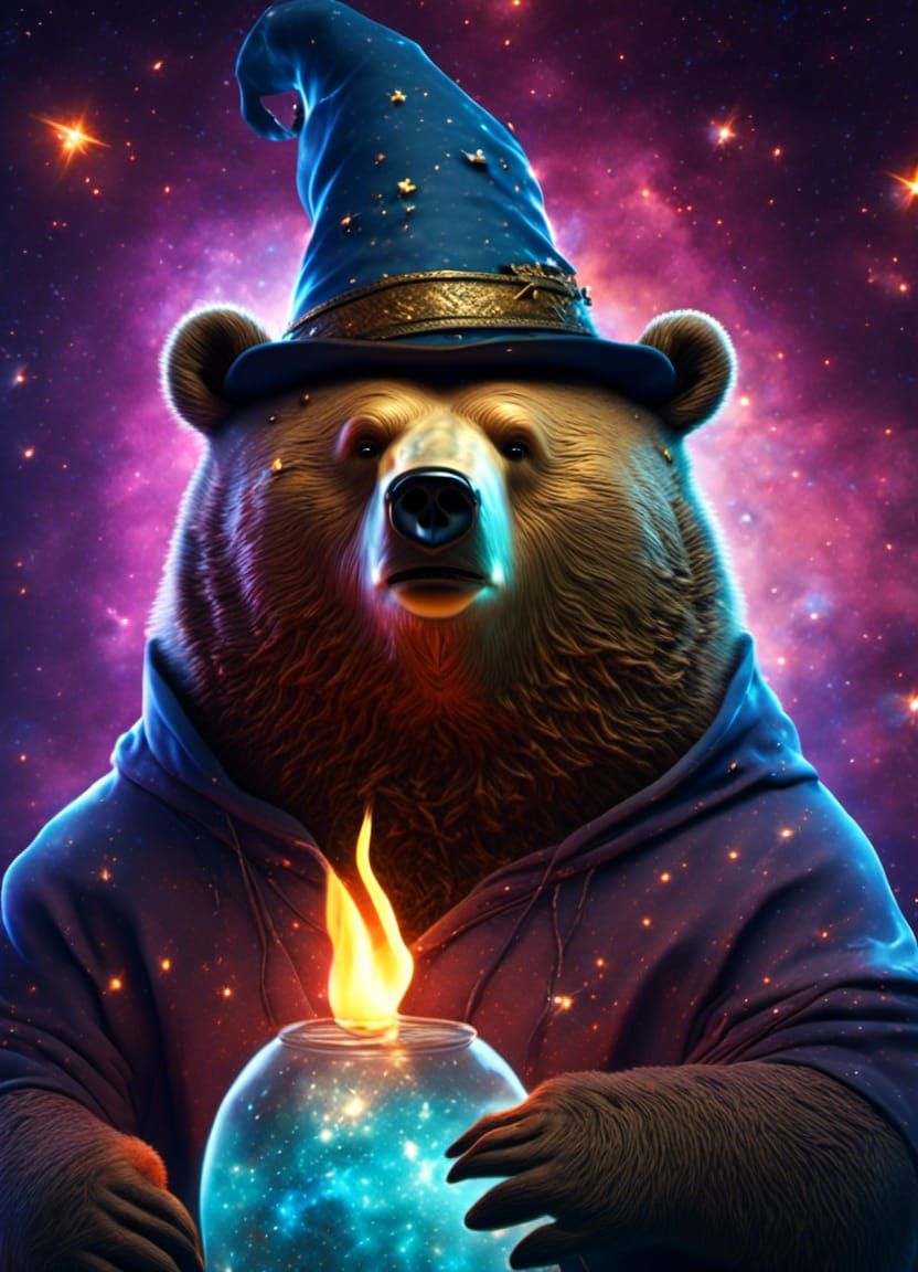 Obese Bear Wizard with Glowing Eyes Reflecting Space