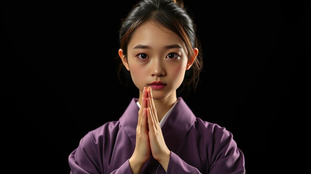 Japanese Girl Practices Nichiren Buddhism in Elegant Traditi...