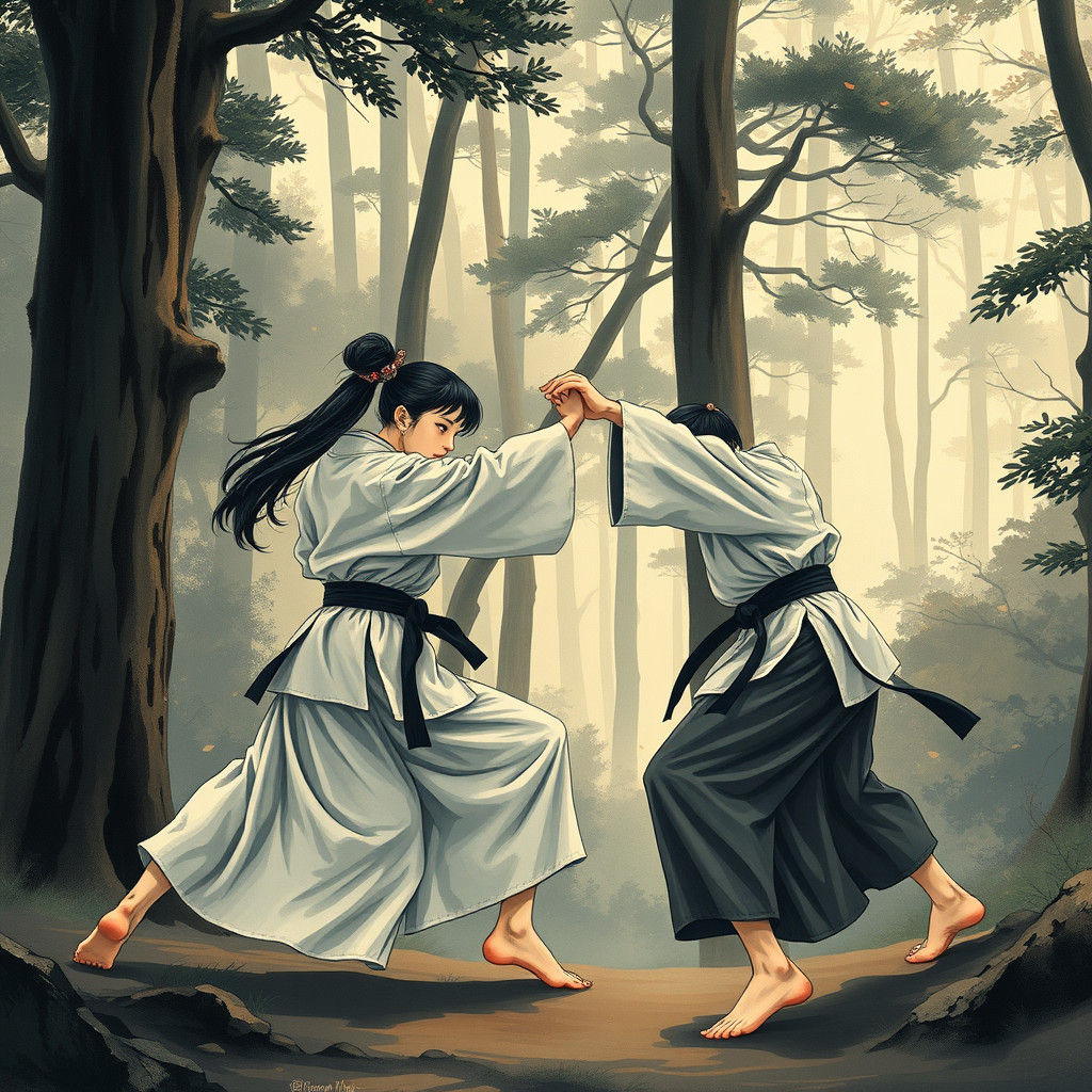 Karate Match in Sumi-e Ink Painting Style
