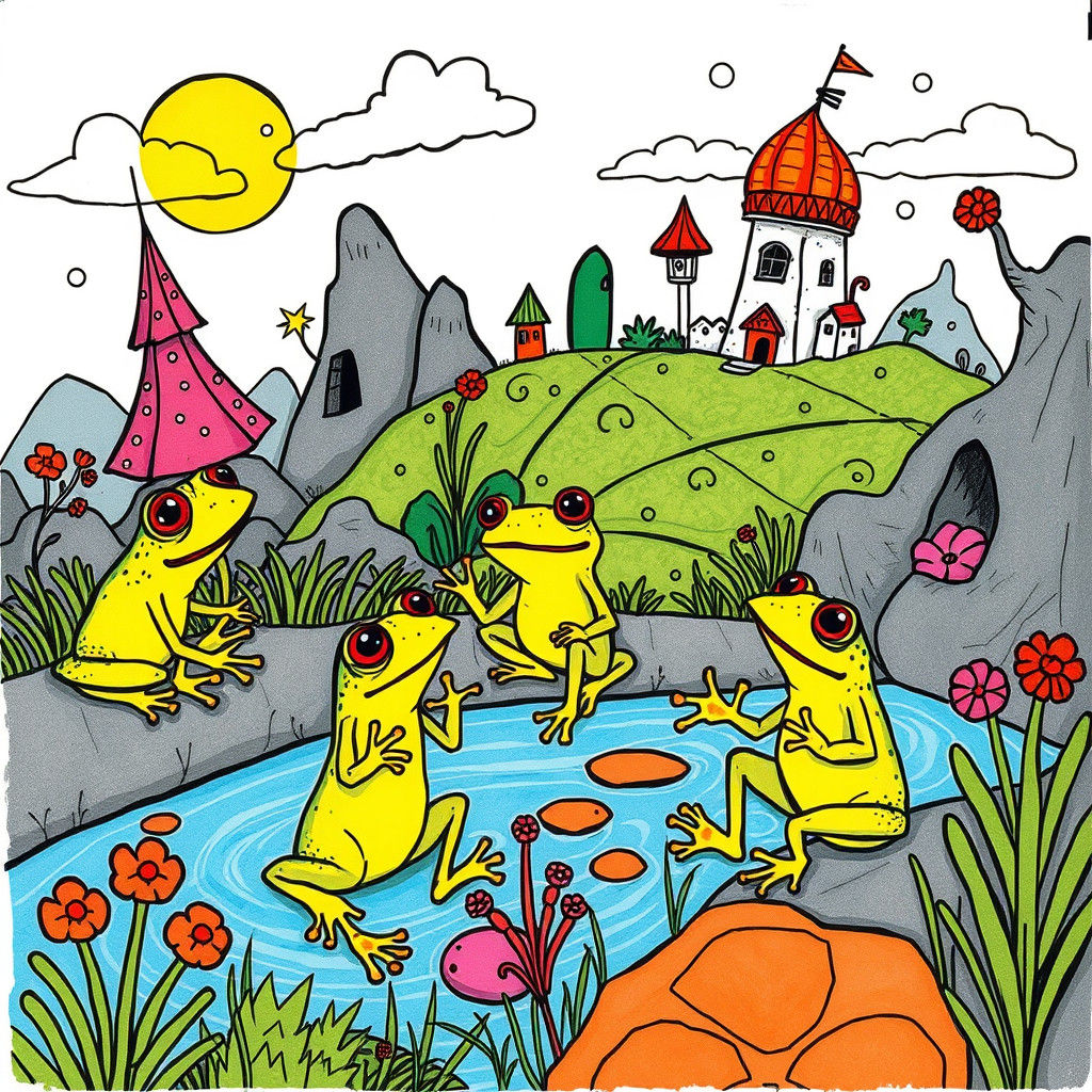 Anthropomorphic Frogs in Whimsical Doodle Landscape