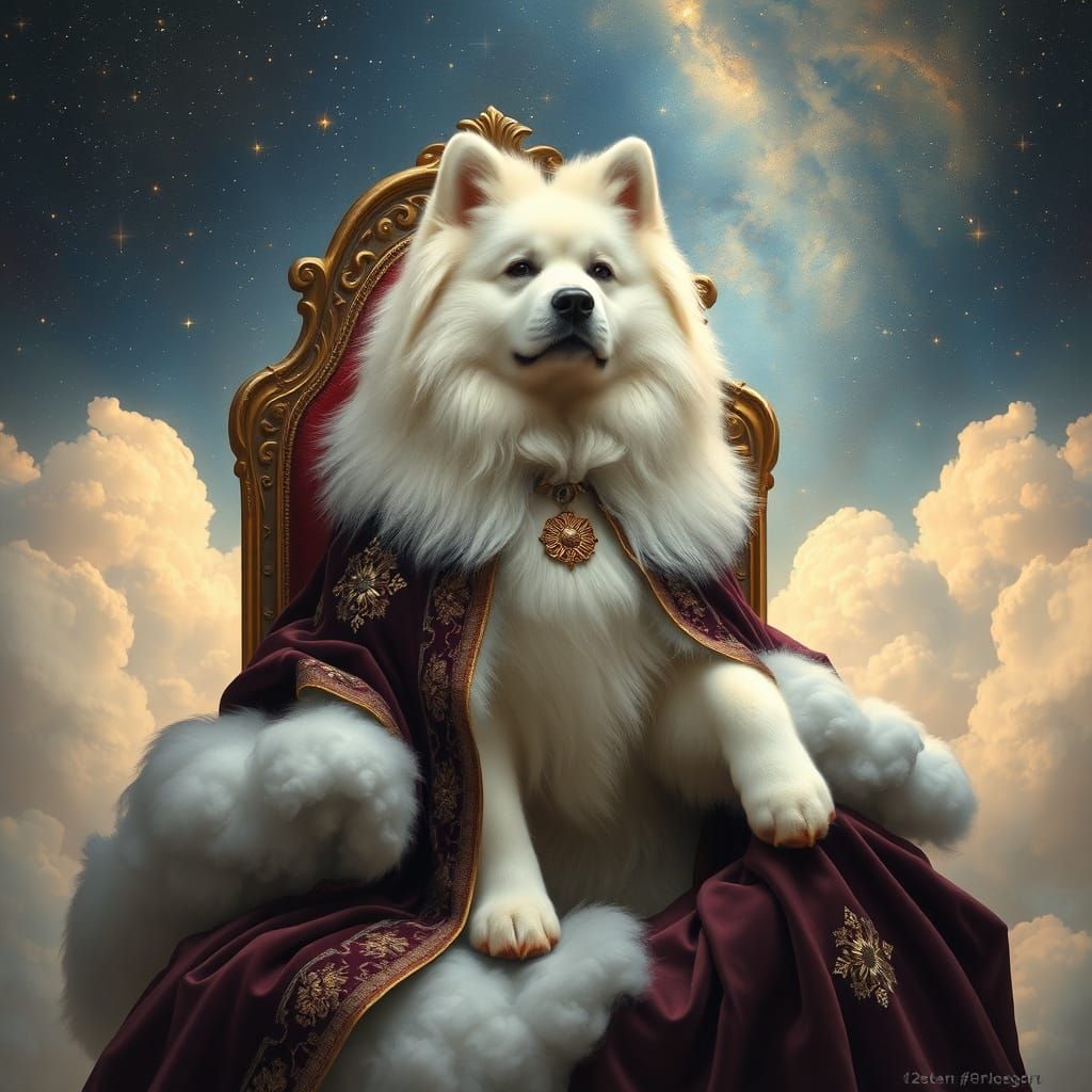 Samoyed Dog King in Starry Sky, Romantic Realism