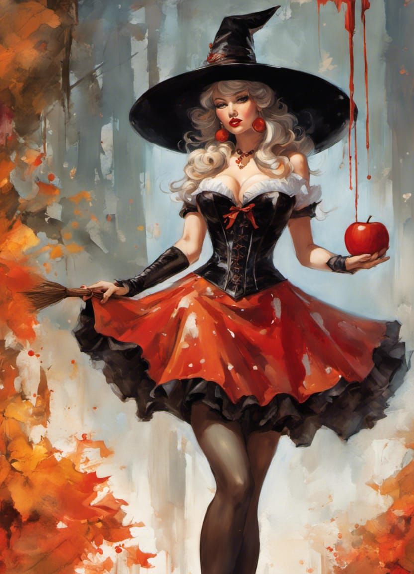 Halloween Witch Pin-Up in Classic Art Style