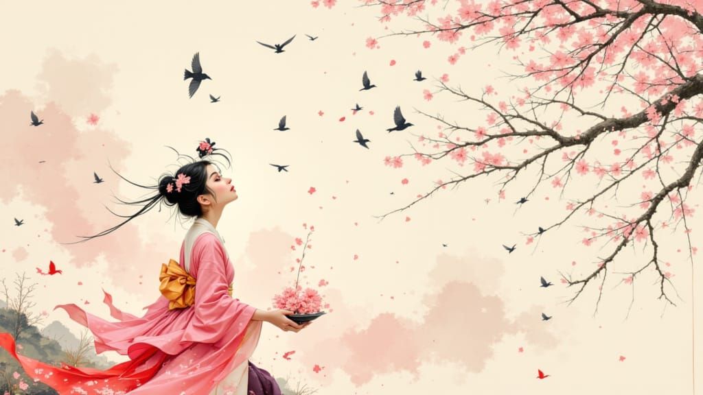 Serene Woman in Cherry Blossom Garden, Watercolor Style