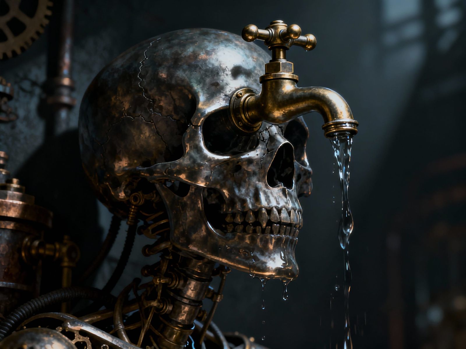 Steampunk Metallic Skull with Intricate Faucet Design