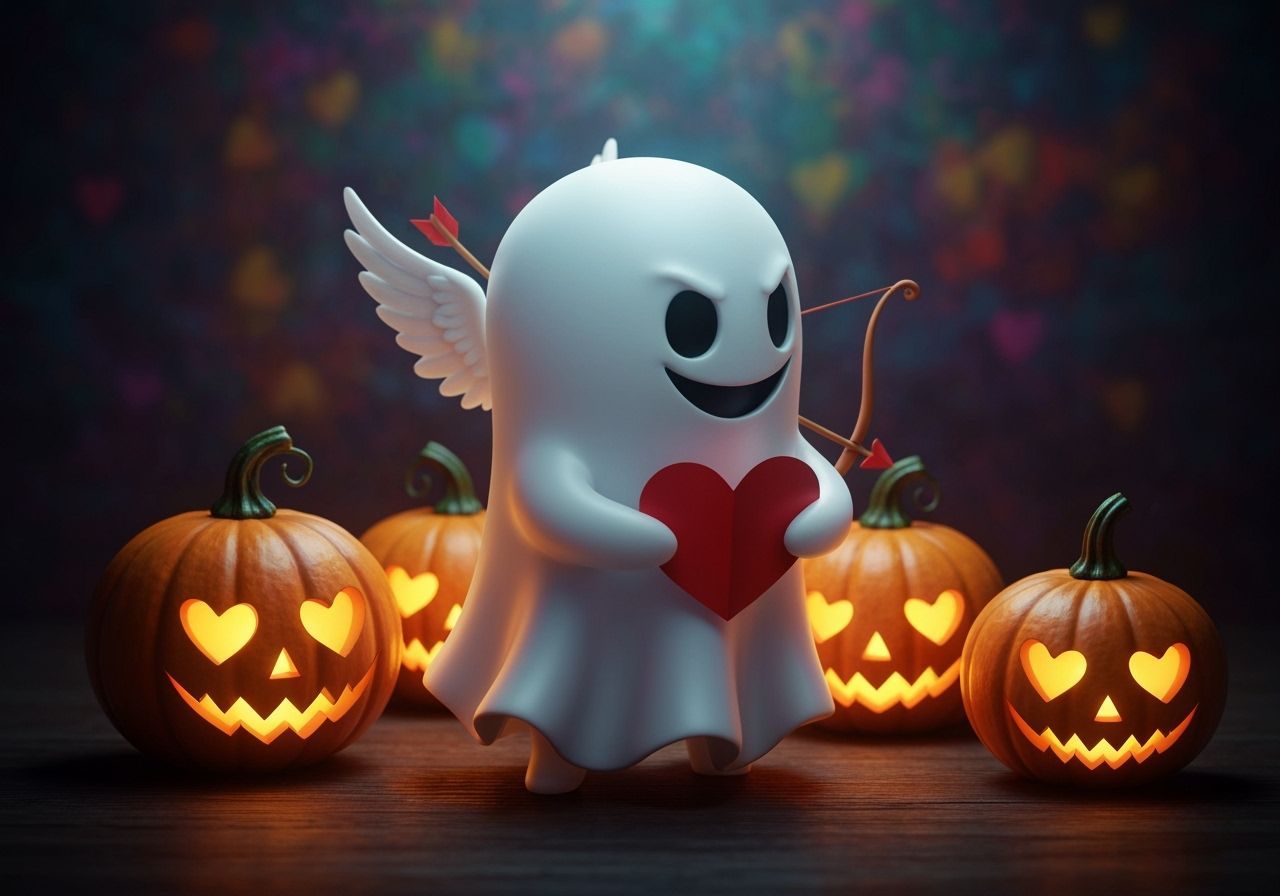 Spooky Valentine Ghost with Heart and Jack O'Lanterns
