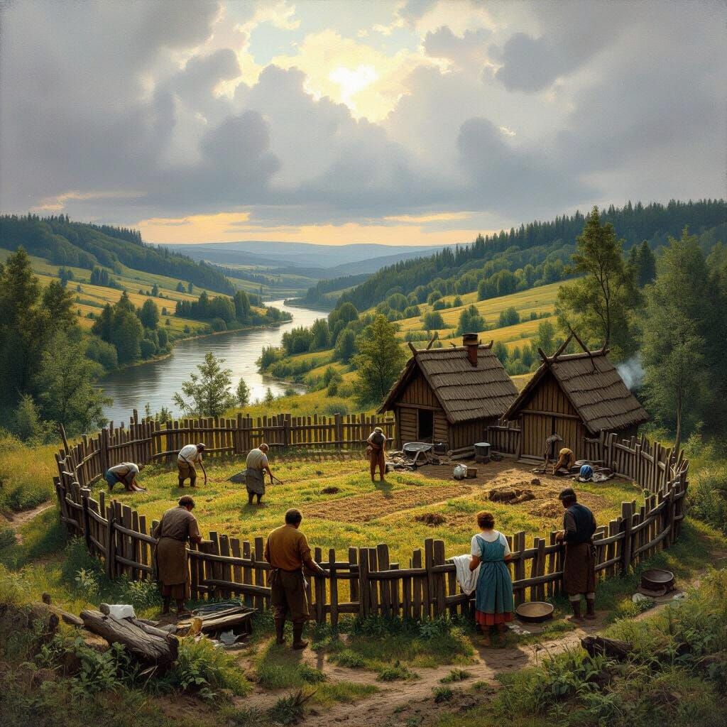 Medieval Village Amidst Wilderness in Atmospheric Lighting