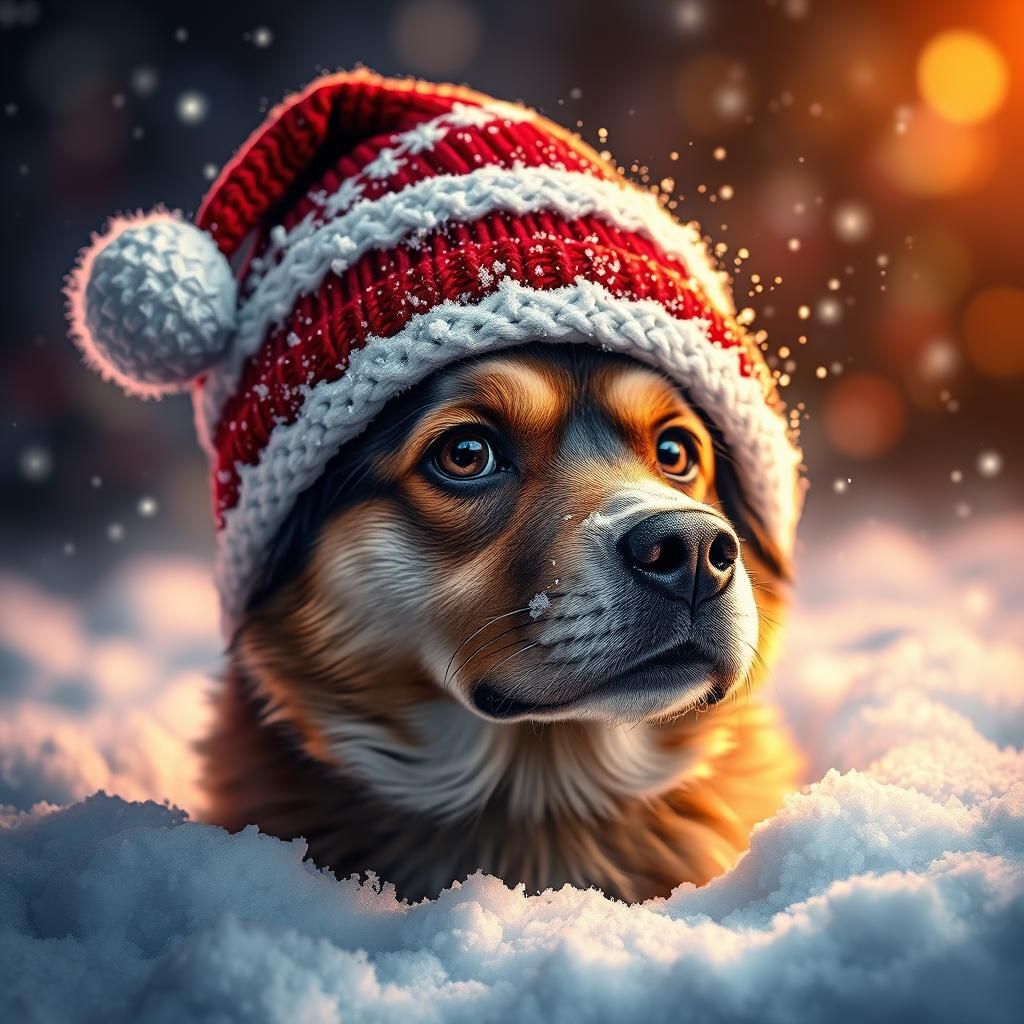 Dog in Snow with Christmas Beanie