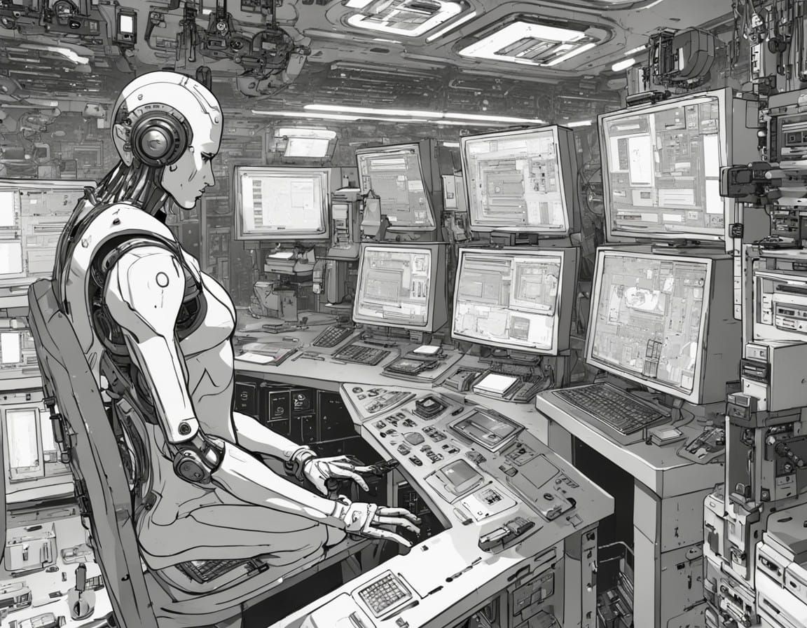 Cyberpunk Android in a High-Tech Data Lair