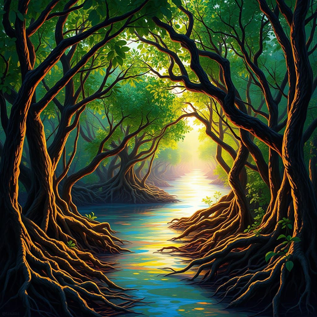 Vibrant Mangrove Forests at Sunset in Hyperrealistic Style
